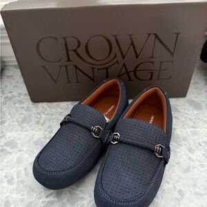 Crown Vintage Navy Perforated Moccasin Loafers with Metal Bit